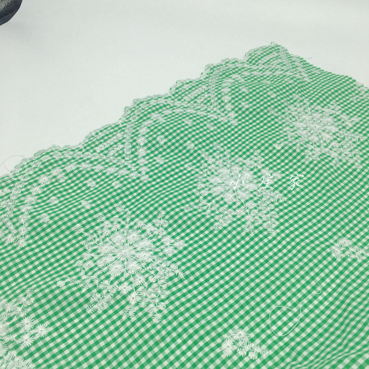 马卡龙色系青绿色刺绣双花边小格子纯棉面料 春夏 亲肤 裙子 布料