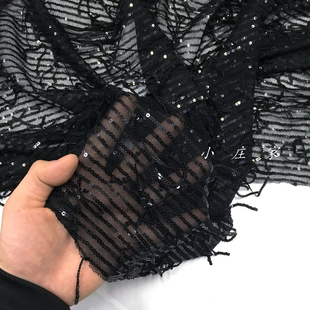 半透明纯黑色流苏小亮片图案时装面料 春夏 柔软 垂坠 服饰 布料