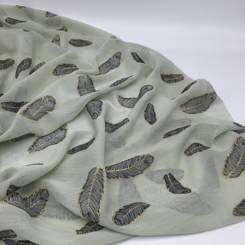 古韵淡青色褶皱剪花羽毛图案雪纺面料 夏季新品 汉服 布料 整米价