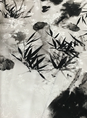 白底黑色水墨竹子图案数码喷绘桑蚕丝面料19姆米提花真丝绸缎布料