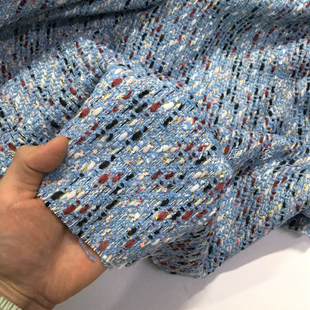 蓝色编织感彩条纹图案织金亮丝粗纺时装面料 秋冬 柔软 垂坠 布料