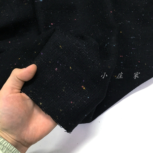 进口 黑色暗织金亮丝格子图案彩点羊毛料面料 秋季 柔软 垂坠布料