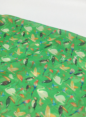 青绿色童趣卡通小鸟暗纹时装面料 夏季 微透 飘逸 垂坠 裙子 布料