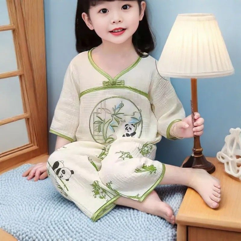 儿童纱布睡衣女童短袖长裤棉纱宝套装