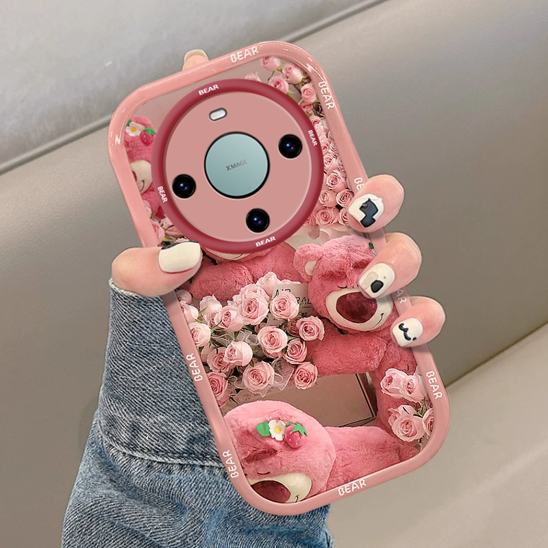 适用华为mate60pro+手机壳新款可爱华为mate60pro卡通玫瑰草莓熊少女心保护套防摔硅胶全包女生款高级感