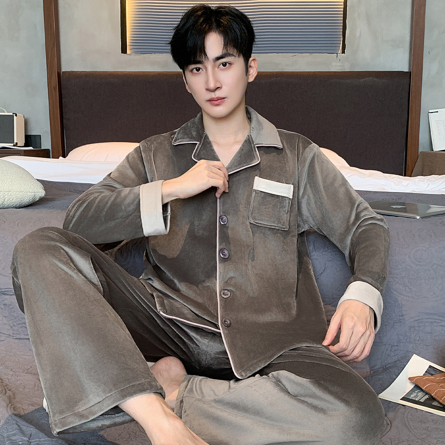 海岛绒睡衣男士秋冬季薄绒保暖珊瑚绒家居服春秋男款加厚加绒套装