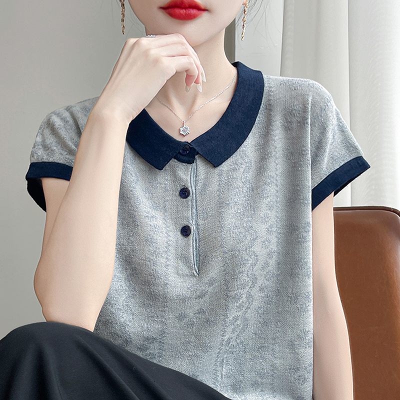 翻领撞色短袖t恤女夏季2025新款打底衫洋气大码女装冰丝针织上衣