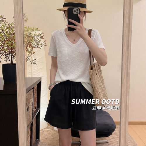 黑色亚麻短裤女2026新款夏季高腰宽松小个子松紧腰棉麻五分阔腿裤