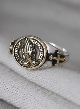 新款S925泰银男士戒指个性复古祈祷之手开口祈福创意指环时尚泰银