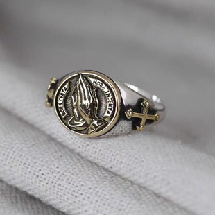 新款 戒指个性 复古祈祷之手开口祈福创意指环时尚 泰银 S925泰银男士