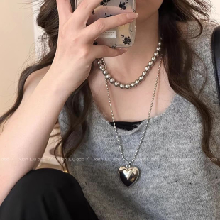 原创设计双层叠戴立体桃心项链高级灰珍珠锁骨链欧尼同款 爱心吊坠