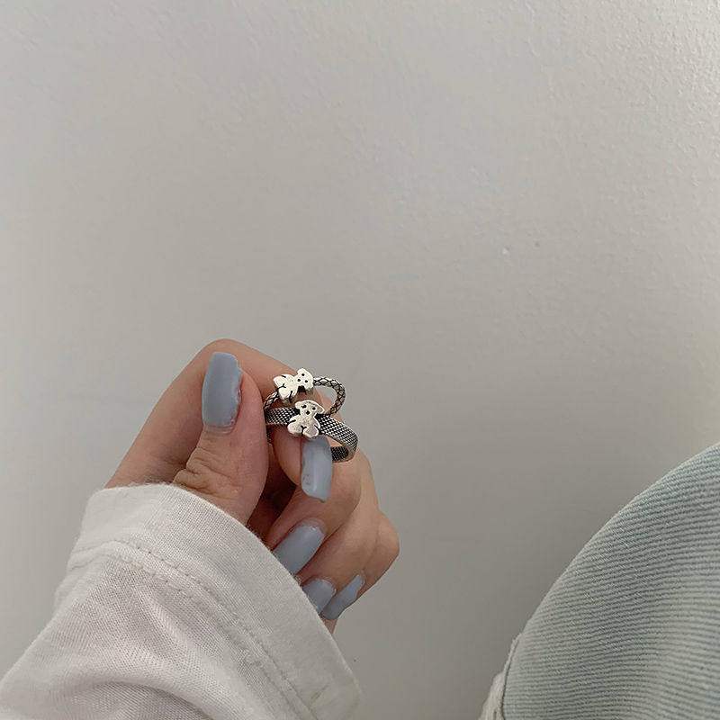 小熊戒指女小众可调节情侣开口百搭ins网红食指戒指环复古个性潮