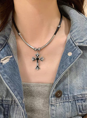 黑色拼接款冷淡风十字架项链街头嘻哈小众个性中性卫衣链锁骨颈链