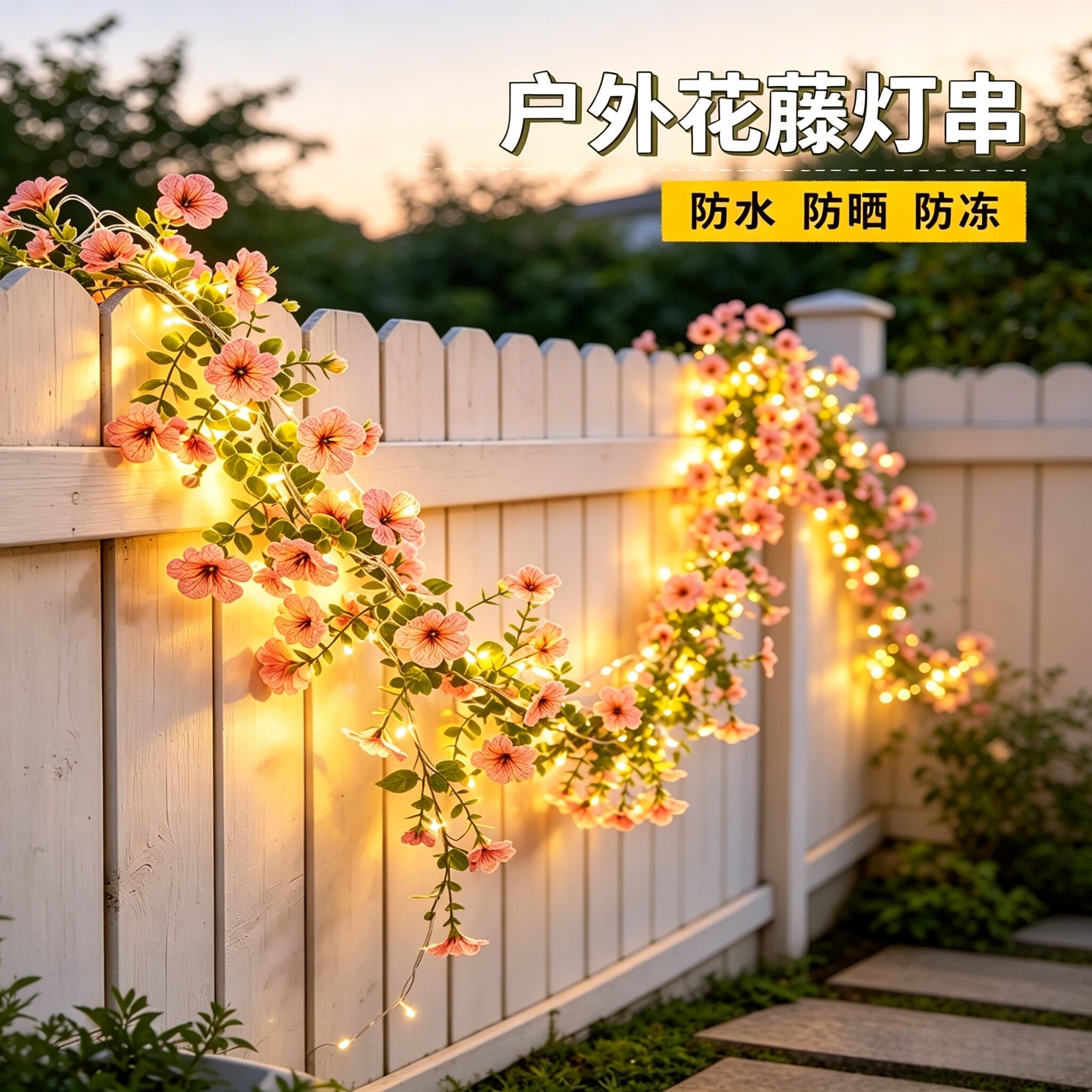 新款太阳能玫瑰花灯串花藤彩灯花园阳台庭院围栏杆装饰氛围灯布置
