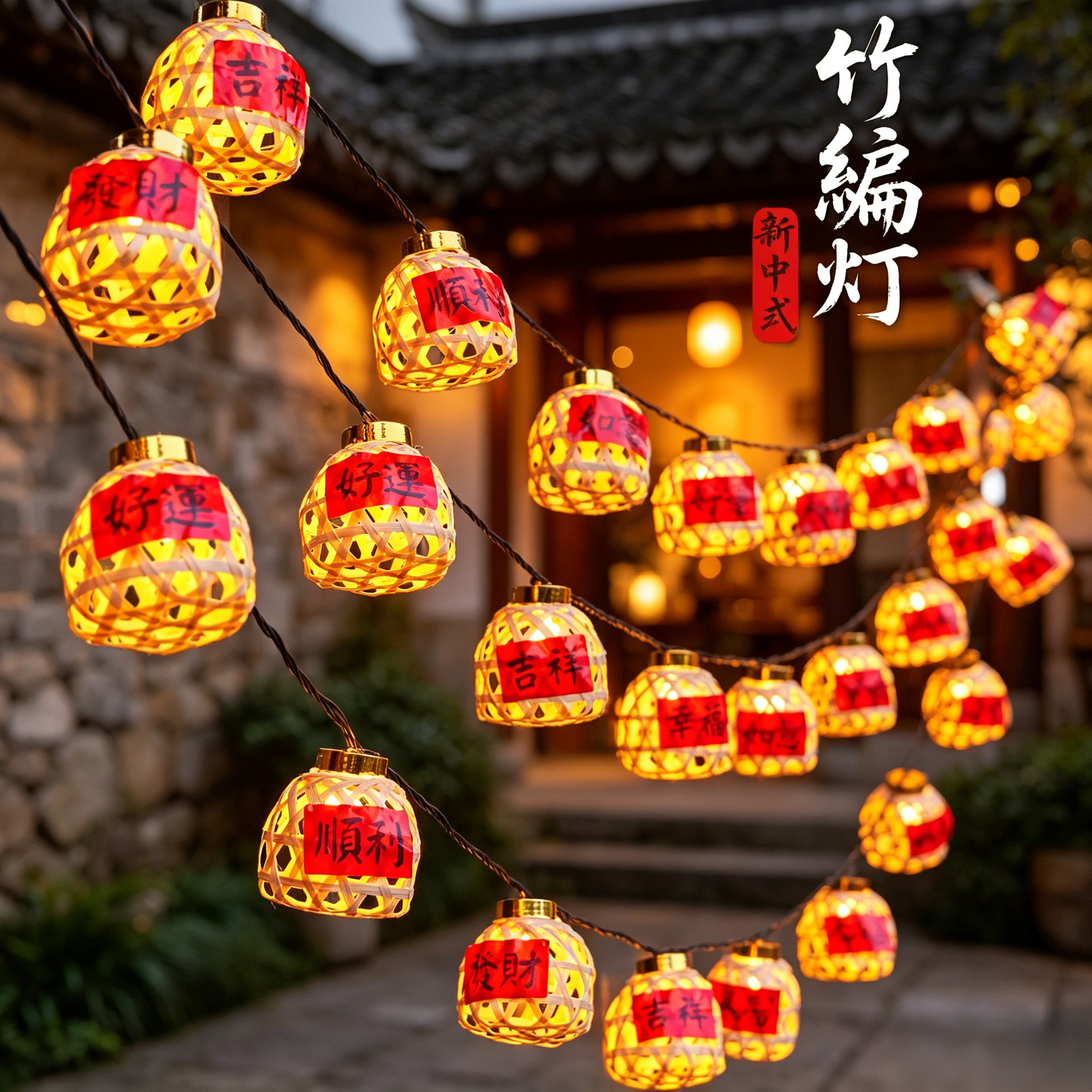 户外led小彩灯太阳能竹编灯笼串春节装饰灯挂灯氛围灯阳台布置灯图片