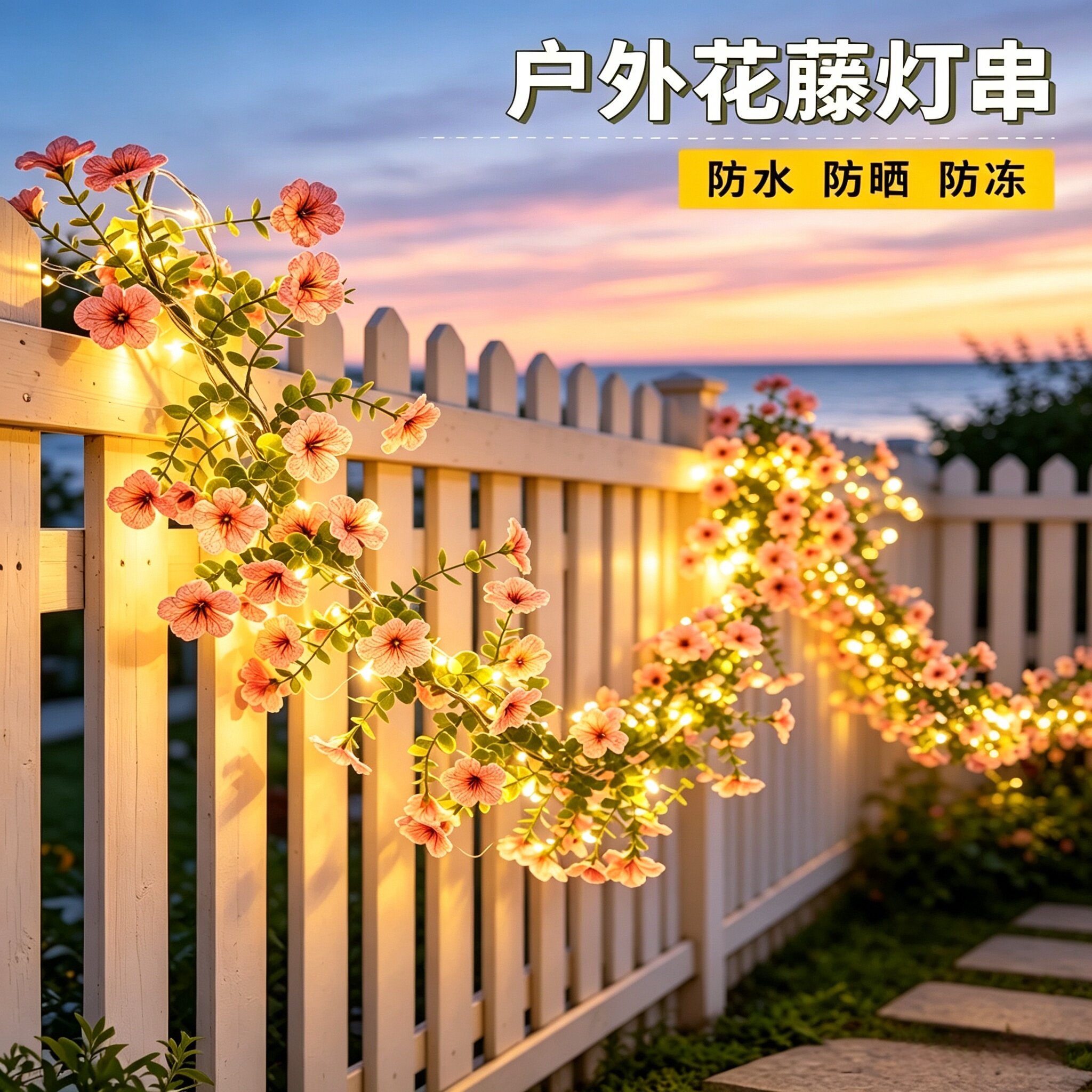 新款太阳能花园阳台庭院围栏杆装饰氛围布置灯玫瑰花灯串花藤彩灯