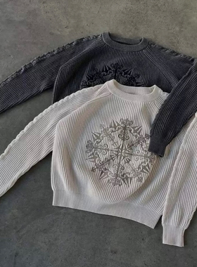 y2k hoodie2025新款重工刺绣圆领套头针织衫男女宽松长袖打底毛衣