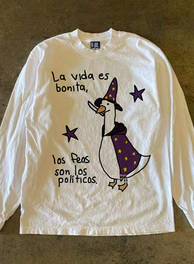 y2k hoodie~美式卡通风长袖T恤白色圆领印花纯棉情侣装男女同款冬