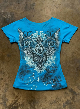 y2k hoodie~美式复古小众短袖印花T恤蓝色修身千禧辣妹时尚上衣女