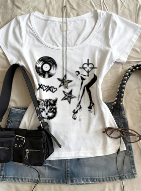 千禧风辣妹拼接印花短袖T恤夏季修身U领亚文化上衣小众设计感百搭