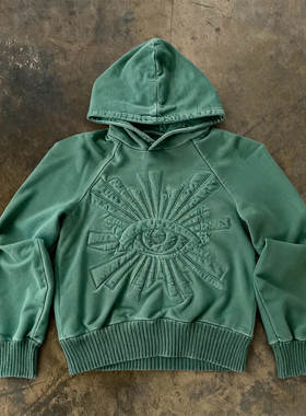 y2k hoodie~美式小众刺绣眼睛连帽卫衣男女绿色宽松百搭痞帅上衣