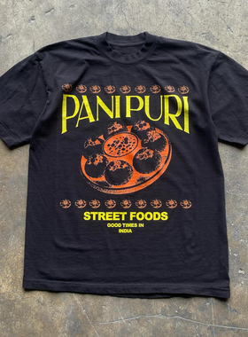 90s90s90s美式复古重磅! Pani Puri~百搭小众宽松圆领情侣短袖T恤