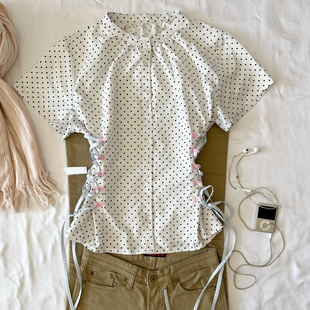 Y2K千禧辣妹风波点短袖衬衫女 侧边绑带收腰显瘦小众设计感上衣