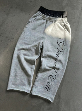 y2k hoodie~美式嘻哈风复古印花卫裤女宽松直筒长裤灰色运动裤