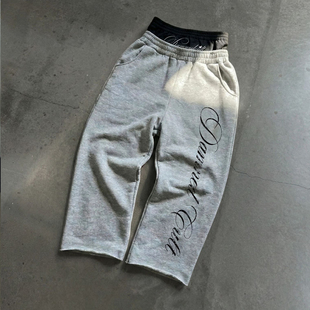 hoodie 灰色运动裤 美式 女宽松直筒长裤 嘻哈风复古印花卫裤 y2k