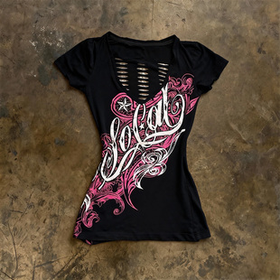 T恤破洞印花修身 y2k 小众复古朋克风短袖 美式 显瘦辣妹上衣 hoodie