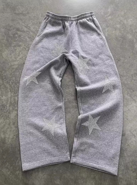 y2k hoodie复古星星刺绣卫裤女灰色宽松直筒高腰休闲裤显瘦慵懒风