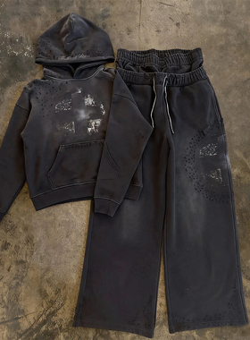 y2k hoodie~美式小众复古卫衣套装男宽松连帽上衣长裤两件套黑色