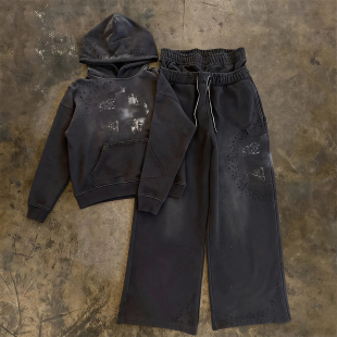 男宽松连帽上衣长裤 y2k 小众复古卫衣套装 美式 两件套黑色 hoodie