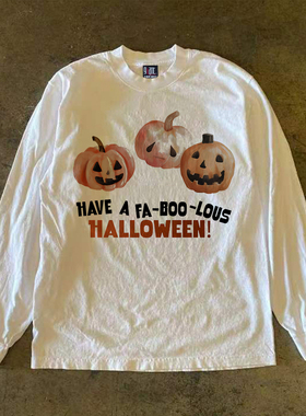 y2k hoodie~美式复古小众南瓜印花长袖T恤男女同款万圣节白色上衣