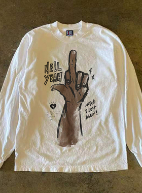 y2k hoodie~美式小众重磅长袖T恤男白色印花圆领百搭潮牌休闲上衣