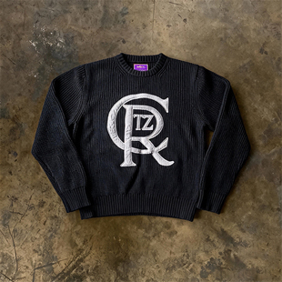 y2k hoodie~Corteiz复古字母logo套头毛衣圆领粗线针织衫保暖潮