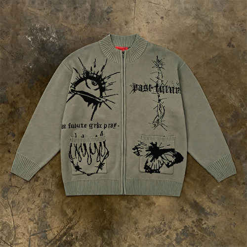 y2k hoodie美式复古卡通图案针织开衫男女宽松拉链毛衣外套慵懒风