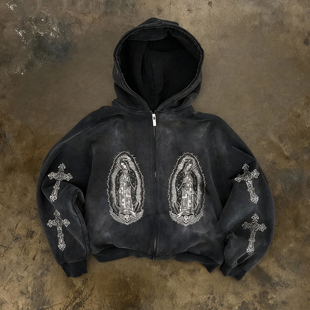 y2k hoodie~暗黑风连帽拉链卫衣男女二次元印花十字架宽松外套