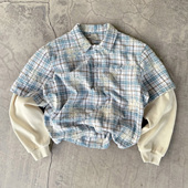 原创重磅不透 花朵拼色长袖 美式 90s90s90s 复古小众设计百搭衬衫