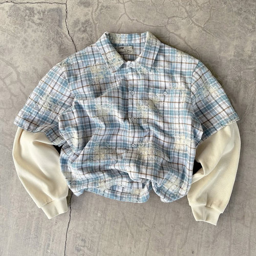 90s90s90s 原创重磅不透！花朵拼色长袖美式复古小众设计百搭衬衫