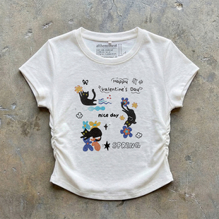 甜酷辣妹风修身 显瘦圆领上衣 T恤女美式 趣味黑猫花卉印花抽褶短袖