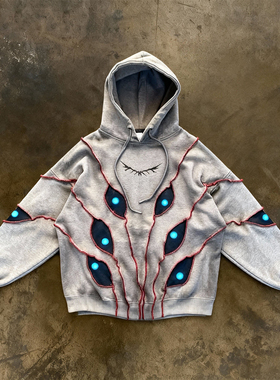 y2k hoodie~美式小众嘻哈风恶魔之眼连帽卫衣女Y2K复古拼接套头衫