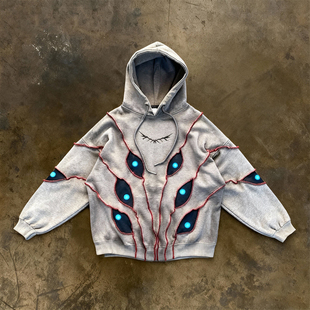 小众嘻哈风恶魔之眼连帽卫衣女Y2K复古拼接套头衫 美式 hoodie y2k