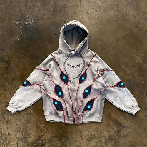 y2k hoodie~美式小众嘻哈风恶魔之眼连帽卫衣女Y2K复古拼接套头衫