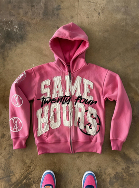 y2k hoodie美式嘻哈风字母印花连帽卫衣男女潮牌粉色拉链开衫街头