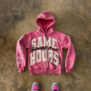 街头 嘻哈风字母印花连帽卫衣男女潮牌粉色拉链开衫 y2k hoodie美式
