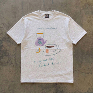 手绘茶壶草本茶印花短袖 女 日系复古文艺风纯棉宽松上衣茶系情侣款