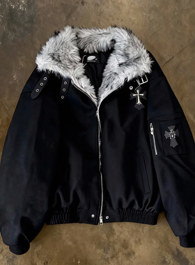 y2k hoodie~美式毛领座山雕棉服男女情侣冬季加厚保暖外套黑色