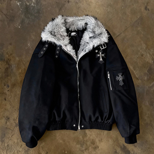 毛领座山雕棉服男女情侣冬季 美式 加厚保暖外套黑色 hoodie y2k