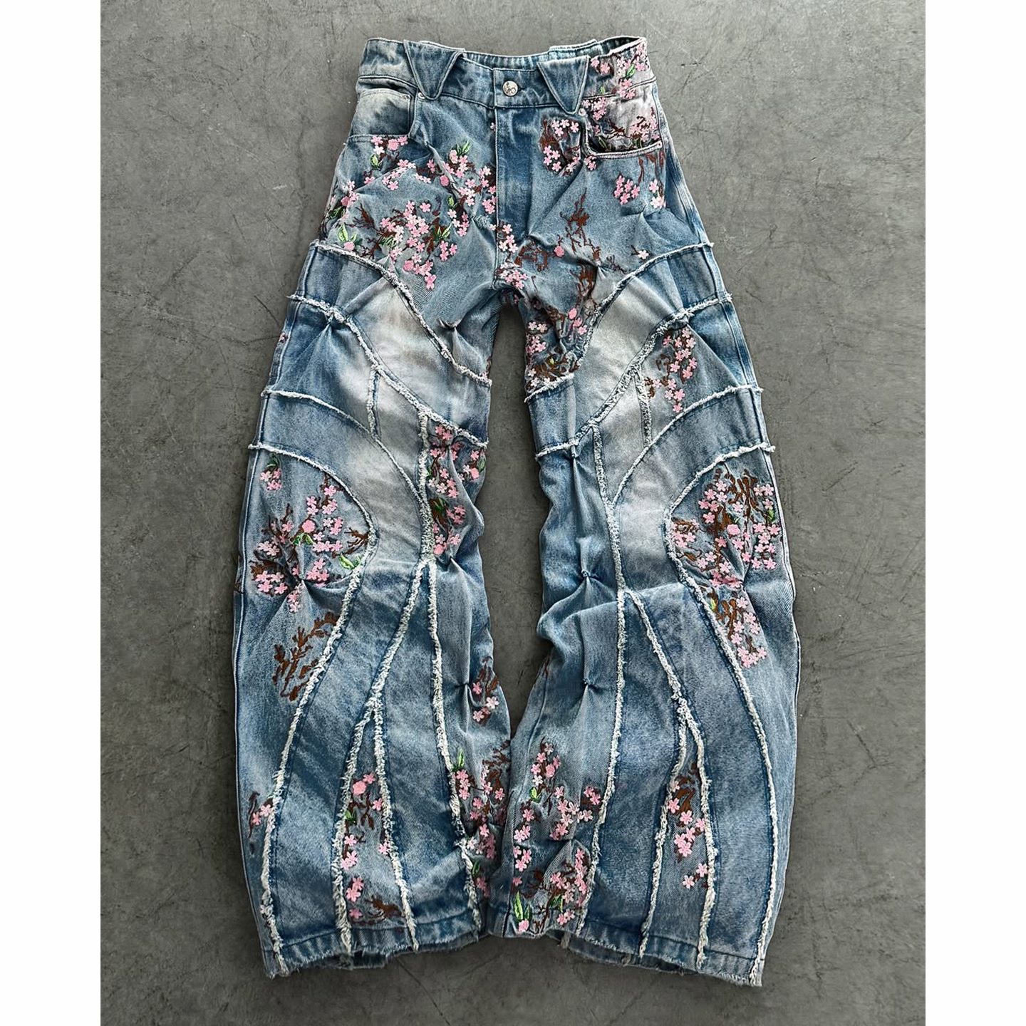 90s90s90s 只做美式复古！复古水洗牛仔阔腿裤同款粉樱枝蔓设计感